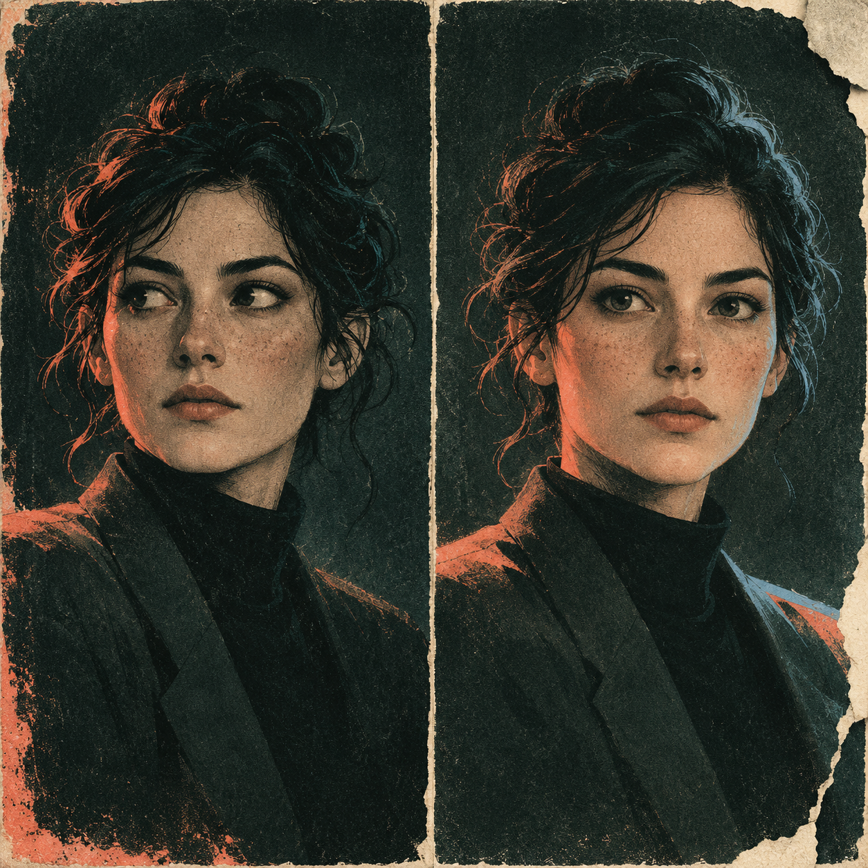 Fictional illustrated portrait diptych for Cortisol: earlier and now
