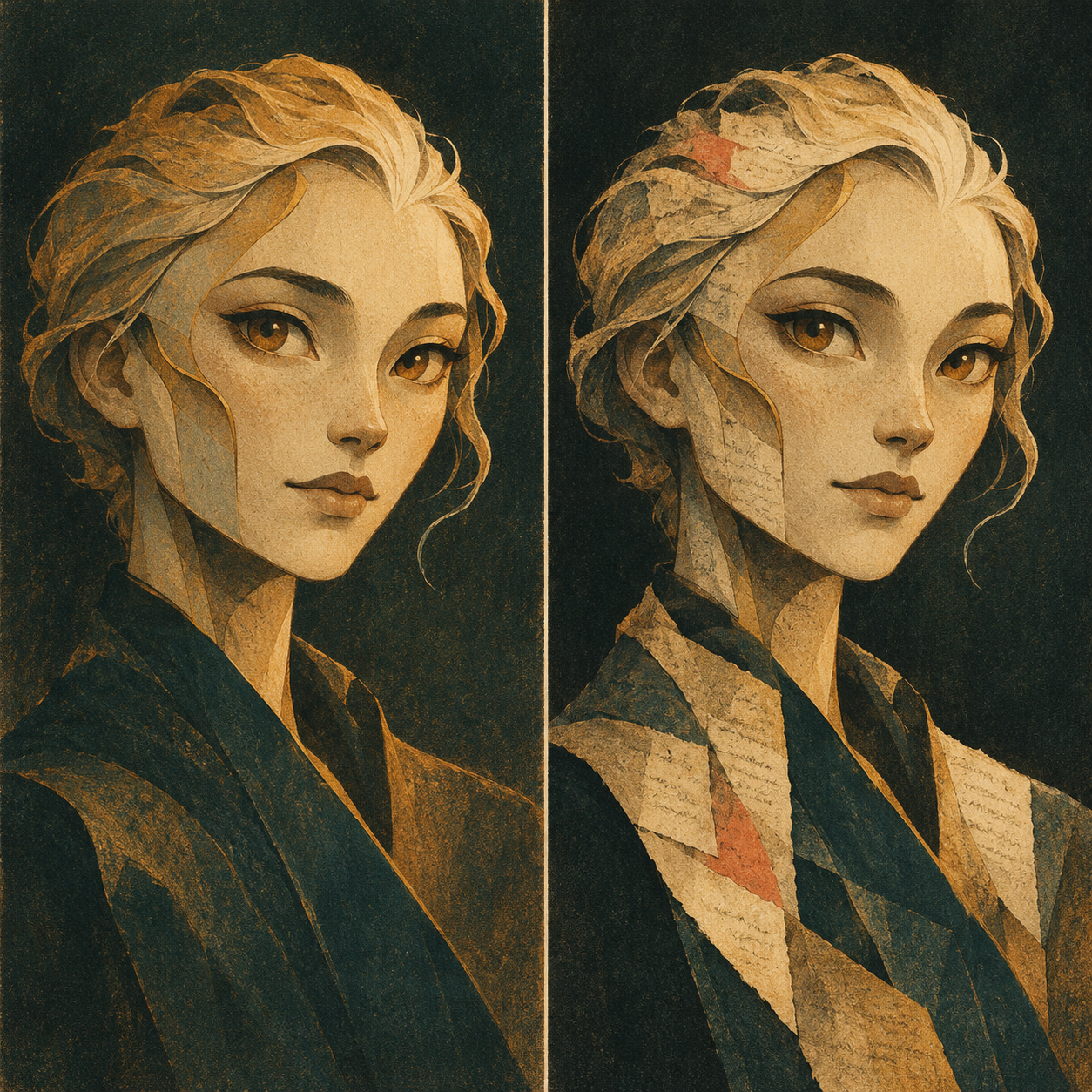 Fictional illustrated portrait diptych for Topaz: earlier and now